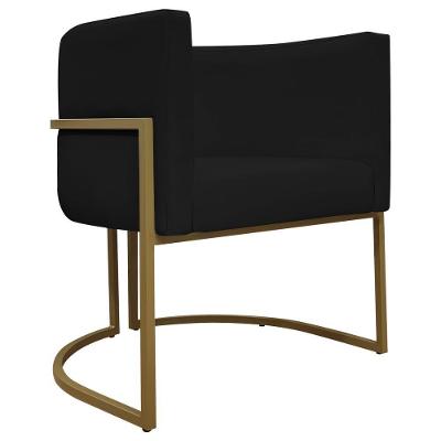 Poltrona Decorativa Recepção Luna Base De Ferro Dourada - Preto Corino