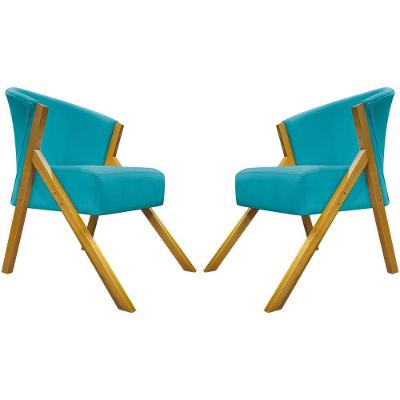 Kit 2 Poltronas Decorativa You Suede Braça Amadeirada - Azul-turquesa Suede