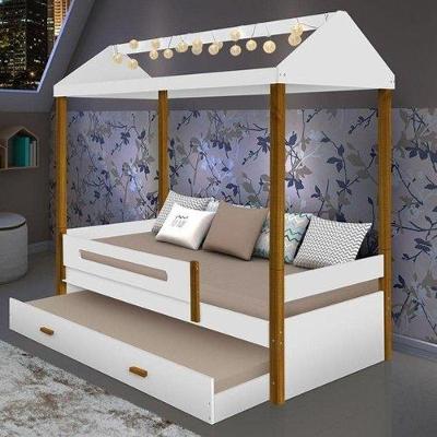 Cama Casa Sara Branca Com Cama Auxiliar Com 2 Colchões E Led