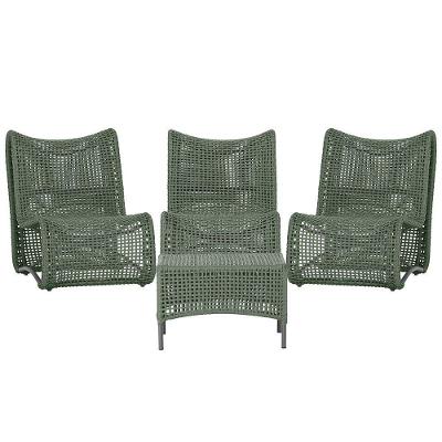 3 Poltronas E Mesa Texas Alumínio Preto Corda Náutica Trama Verde