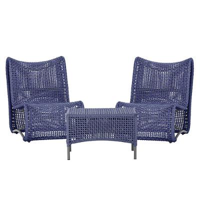 2 Poltronas E Mesa Texas Alumínio Preto Corda Náutica Trama Azul