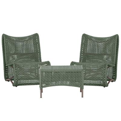 2 Poltronas E Mesa Texas Alumínio Marrom Corda Náutica Trama Verde