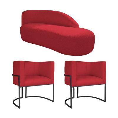 Kit Divã Luna 140cm Lado Direito E 02 Poltronas Base De Ferro Preto Suede Vermelho