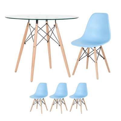 Mesa Redonda Eames Com Tampo De Vidro 90 Cm + 3 Cadeiras Eiffel Dsw Azul Claro