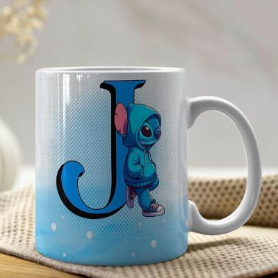 Caneca De Porcelana Stitch Letras A-z 325ml Azul J
