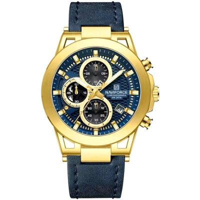 Relógio Analógico Design Esportivo Impermevel À Prova Da Água Pulseira Em Couro Ecológico Azul Dourado