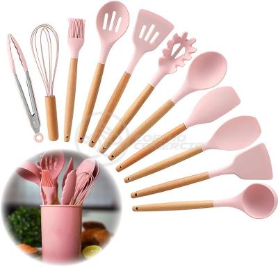 Kit 12 Utensílios Jogo De Cozinha De Silicone Com Espatulas Pincel Batedor Manual - Rosa
