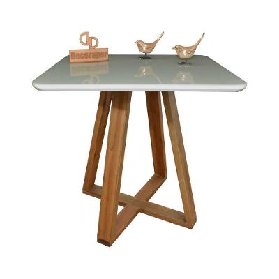 Mesa Jantar Base X Tampo Quadrado Laca Com Vidro 80cm Off White