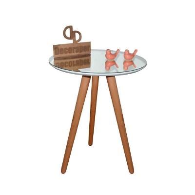 Mesa De Canto Pés Palito Amadeirado Com Espelho Vidro 50cm Branco 50cm