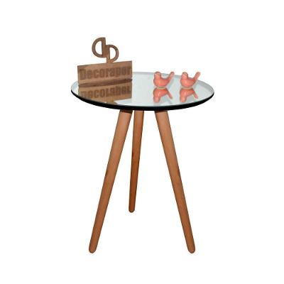Mesa De Canto Pés Palito Amadeirado Com Espelho Vidro 50cm Preto 50cm