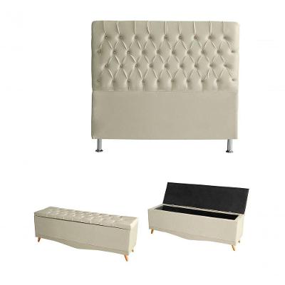 Kit Estrela Cabeceira De Cama Box E Calçadeira Baú Pés Palito Botão Cristal King 195 Cm Suede Porcelana Eli Móveis