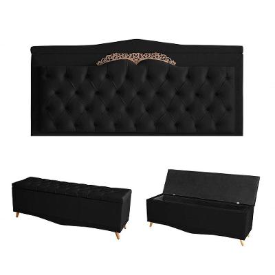 Kit Helena Cabeceira De Cama Painel E Calçadeira Baú Casal 140 Cm Suede Preto Eli Móveis E Decoração