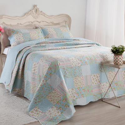 Cobre Leito Colcha Daily Queen 3 Peças Dupla Face Estampado Floral Patchwork Azul 10 100% Poliéster