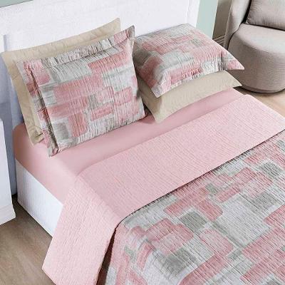 Kit Cobre Leito Colcha Maggy Casal 3 Peças Dupla Face Percale 200 Fios Quadri Rosa 80% Algodão