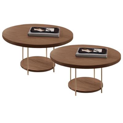 Kit 02 Mesas De Centro Para Sala Redonda Tampo Mdf Pés Aço Allure B01 Castanho - Lyam Decor