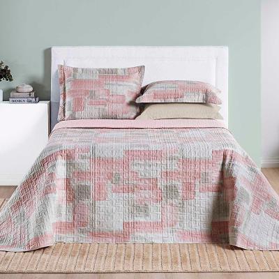 Kit Cobre Leito Colcha Maggy King 3 Peças Dupla Face Percale 200 Fios Quadri Rosa 80% Algodão - 20% Poliéster