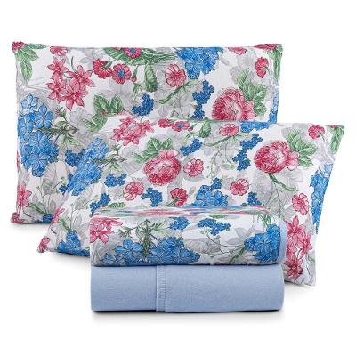 Jogo De Lençol Luar Casal 4 Peças Malha 100% Algodão Estampado Azul Floral