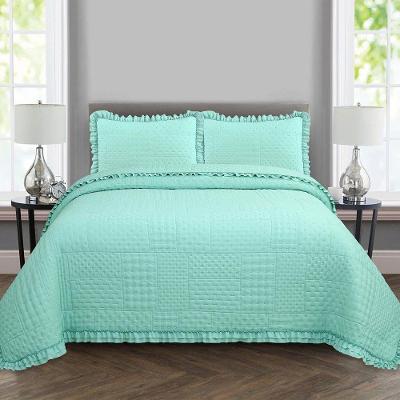 Kit Cobre Leito Colcha Allegra King 3 Peças Percal 300 Fios C- Babado Verde Tiffany 100% Poliéster