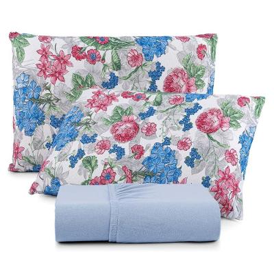 Jogo De Lençol Luar Queen 3 Peças Malha 100% Algodão Estampado Azul Floral