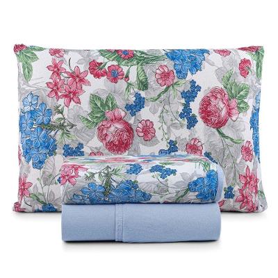 Jogo De Lençol Luar Solteiro 3 Peças Malha 100% Algodão Estampado Azul Floral