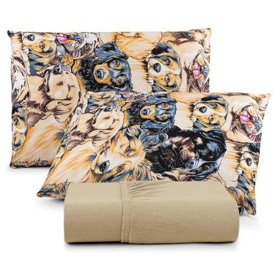 Jogo De Lençol Luar Casal 3 Peças Malha 100% Algodão Estampado Mostarda Dogs