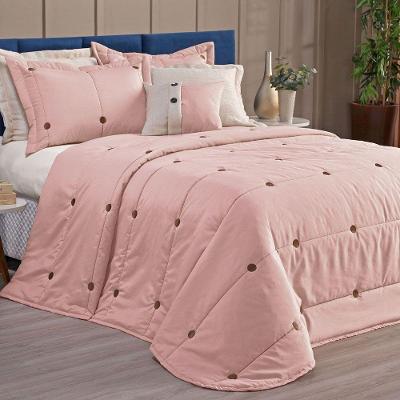 Kit Cobre Leito Colcha Splendore King 07 Peças Bordado Botão 200 Fios Rose 100% Poliéster
