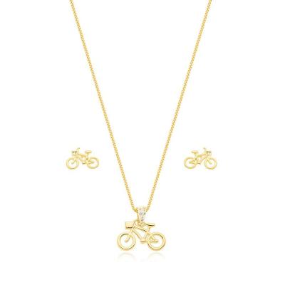 Conjunto Colar E Brincos Bicicleta Banhado A Ouro 18k