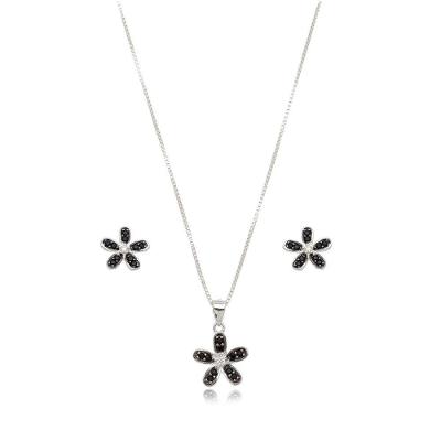 Conjunto Colar E Brincos Flor Zircônio Negra Prata 925