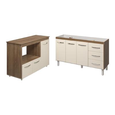 Balcão Armário Cozinha Carine Gabinete De Pia 140 Cm E Balcão Lilian Para Forno Elétrico E Microondas Off White