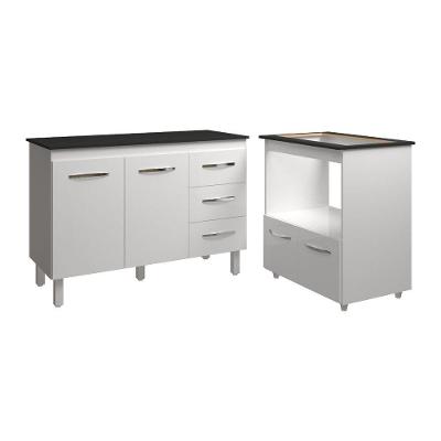 Balcão Armário Gabinete Bruna 118 Cm Branco Com Tampo Preto E Balcão Evelyn Para Cooktop 5 Bocas Branco