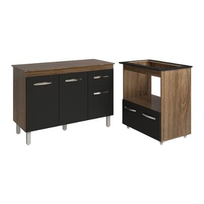 Balcão Armário Gabinete Aline 118 Cm Preto Com Tampo E Balcão Evelyn Para Cooktop 5 Bocas Preto