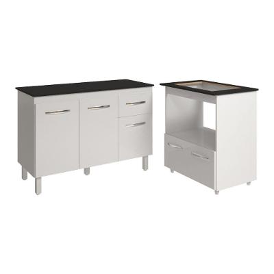 Balcão Armário Gabinete Aline 118 Cm Branco Com Tampo Preto E Balcão Evelyn Para Cooktop 4 Bocas Branco
