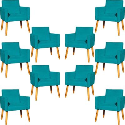 Kit 10 Poltronas Decorativa Para Sala Nina Pé Palito 30cm Castanho Azul-turquesa Suede