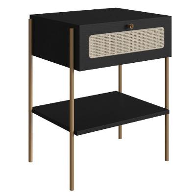 Mesa Cabeceira 1 Gaveta Oslo Artesano 48 Cm (largura) Mdp Nero Palha Sintética Bege Pé Metal Dourado