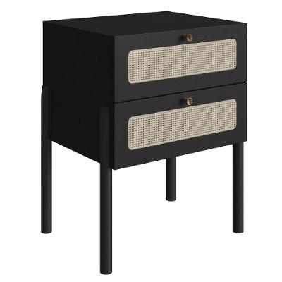 Mesa Cabeceira 2 Gavetas Oslo Artesano 48 Cm (larg) Mdp Nero Palha Sintética Bege Pé Madeira Maciça