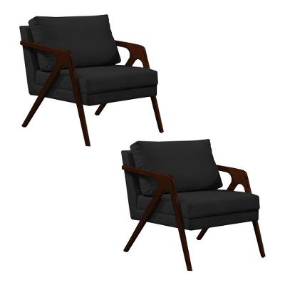 Kit 2 Poltronas Mona Monique Luxo Base Madeira Maciça Castanho Veludo Preto