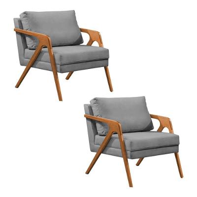 Kit 2 Poltronas Mona Monique Luxo Base Madeira Maciça Cerejeira Veludo Cinza