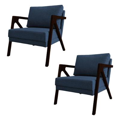 Kit 2 Poltronas Mona Monique Luxo Base Madeira Maciça Castanho Linho Azul