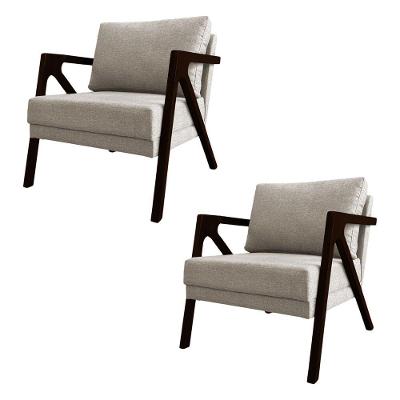 Kit 2 Poltronas Mona Monique Luxo Base Madeira Maciça Castanho Linho Bege