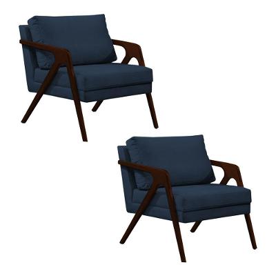 Kit 2 Poltronas Mona Monique Luxo Base Madeira Maciça Castanho Veludo Azul
