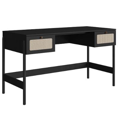 Escrivaninha 2 Gavetas Oslo Artesano 139cm (largura) Mdp Nero Palha Sintética Bege Pé Madeira Maciça