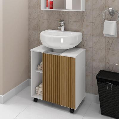 Balcão Gabinete De Banheiro Com 1 Porta E Rodízios 55,3cm Multimóveis Cr10129 Branco Ripado