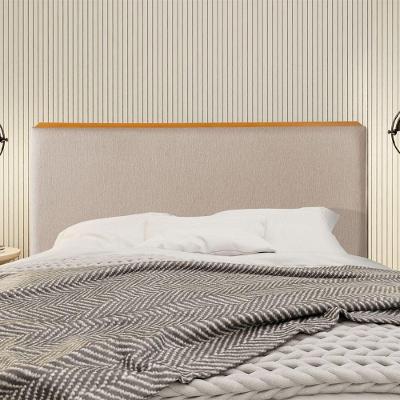 Cabeceira Cama Box Queen 1,60m Estofada Detalhe Em Madeira Java Linho Bege