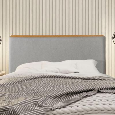 Cabeceira Cama Box King 1,93m Estofada Detalhe Em Madeira Java Linho Cinza