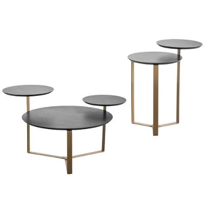 Kit Mesa De Centro E Mesa Lateral Para Sala Pés Metálicos Dari A03 Nero Dourado - Lyam Decor