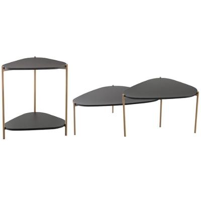 Kit 02 Mesas De Centro E 01 Mesa Lateral Pés Metálicos Adek A03 Nero Dourado - Lyam Decor