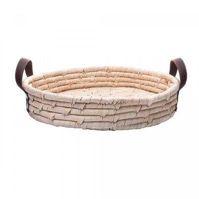Bandeja Redonda Em Fibra Natural Braid Com Alça Em Couro 36cm Lyor