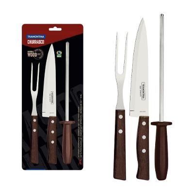 Kit Para Churrasco Tramontina Aço Inox Madeira Natural E Polipropileno 3 Peças