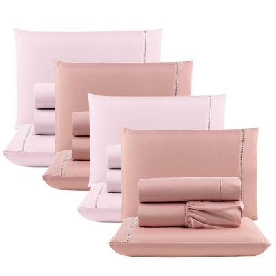 Kit Com 4 Jogos Cama Lençol Casal Padrão Micro Percal 400 Fios Ponto Palito 4 Peças Rosê + Rosa