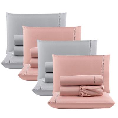 Kit Com 4 Jogos Cama Lençol Casal Padrão Micro Percal 400 Fios Ponto Palito 4 Peças Rosê + Cinza